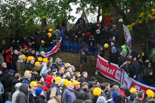 MAARKEDAL BELGIUM NOVEMBER 01 A general view of Thibau Nys of Belgium and Team TrekSegafredo competes while fans cheers during the 34th Trofee Oudenaarde Koppenbergcross 2023 Mens Elite on November 01 2023 in Maarkedal Belgium Photo by Luc ClaessenGetty Images